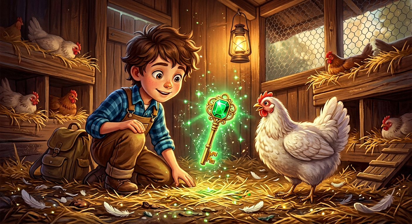 Boy finds glowing emerald key in chicken coop