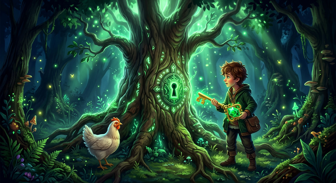 Boy at the magic tree in the dark forest