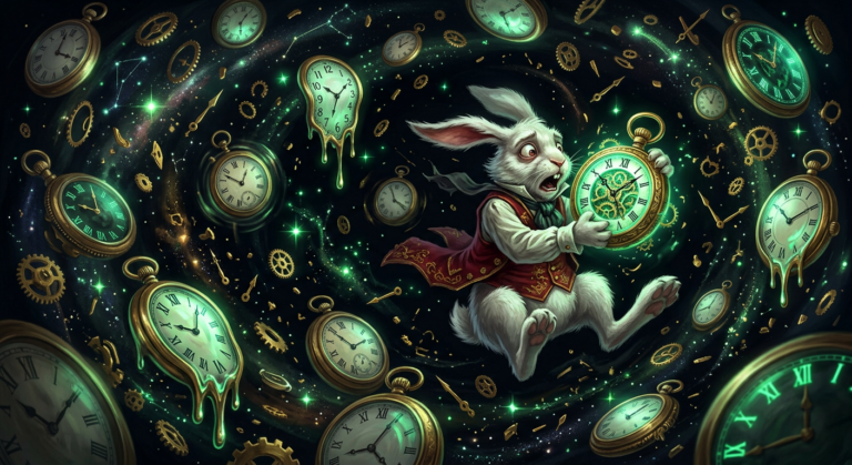 The white rabbit racing through a whirlpool of melting clocks