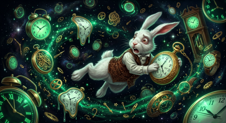 The white rabbit tumbling through time