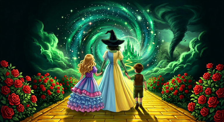 Three travelers on the golden road toward the emerald spires
