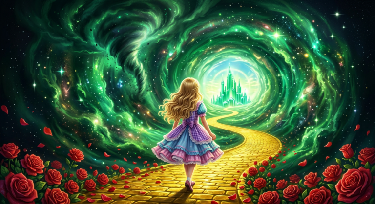 Walking the golden road through a spiral of green stars