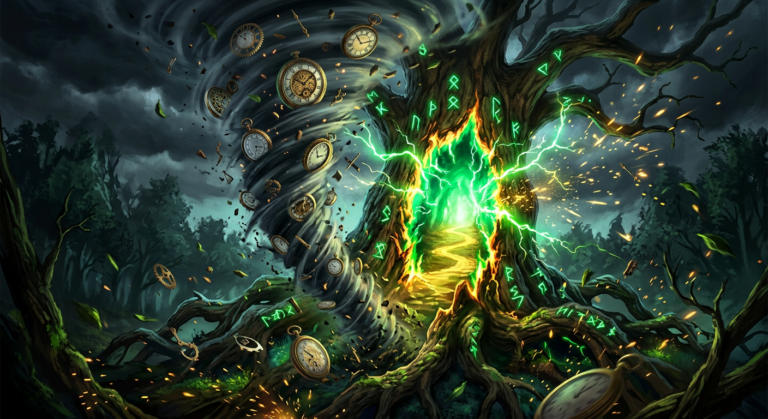 The storm-lit portal in the ancient tree