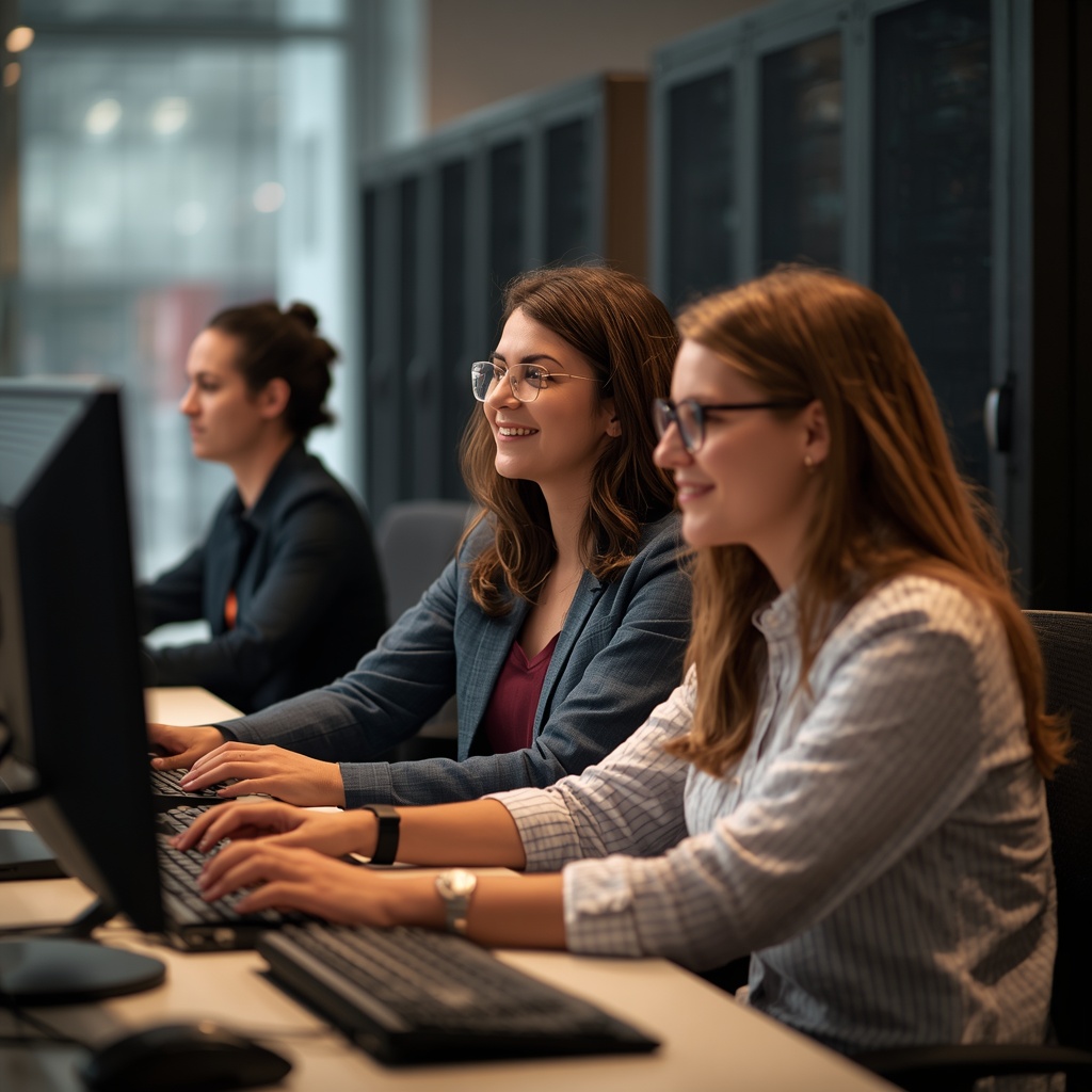 Team collaborating with servers in background